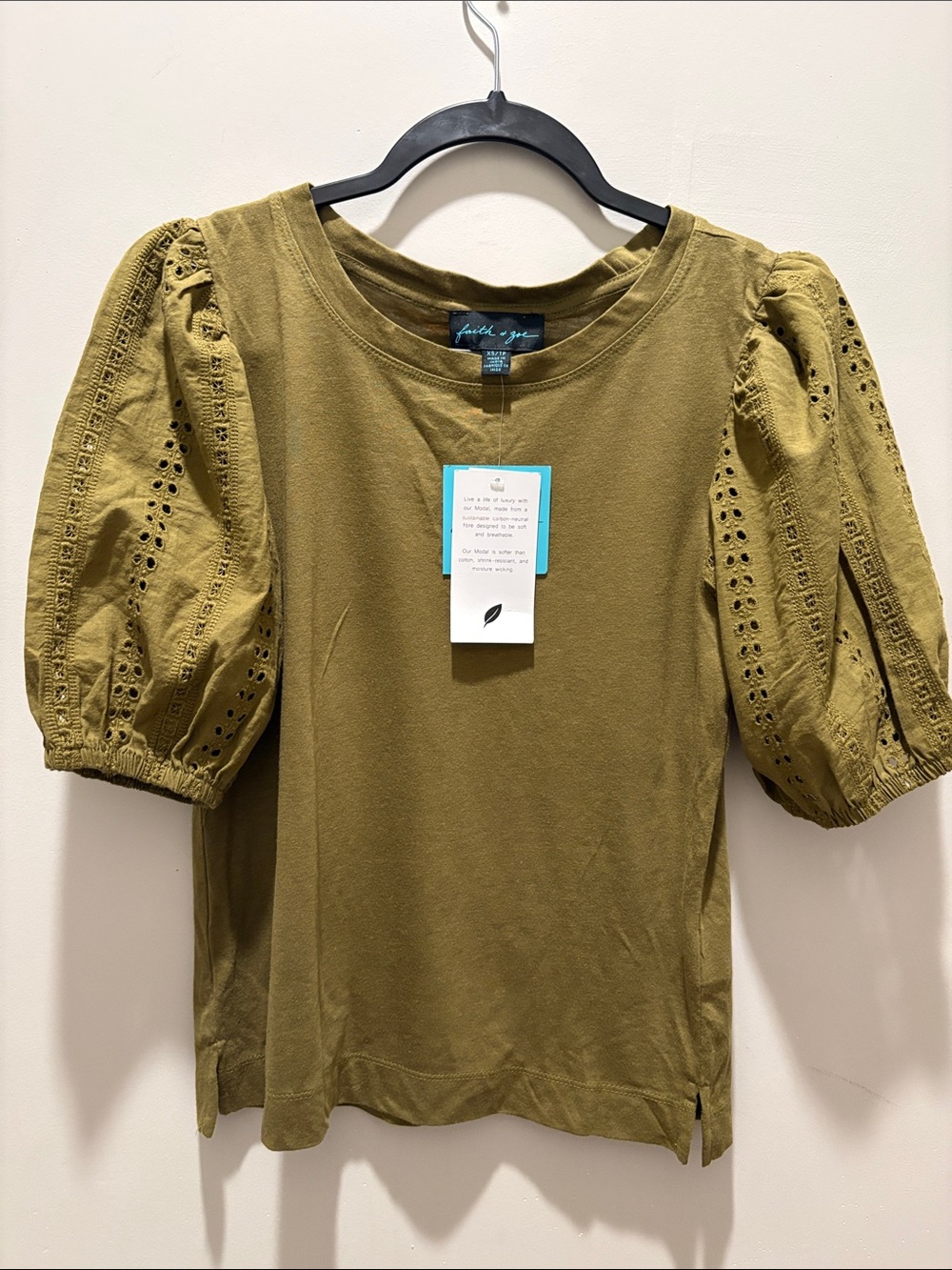 Faith & Zoe Olive Eyelet Puff-Sleeve Tee